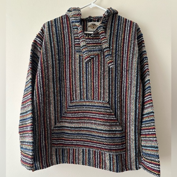 Earth Ragz Other - Earth Ragz Vintage 90s Mexican Blanket Baja Joe Red Black Blue Hoodie Mens S